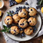 WhenRyanCooks - Blueberry Bliss Muffins. A rustic kitchen scene featuring Lavender-Infused Blueberry Muffins with Demerara Sugar Topping on a vintage platter, showcasing golden-brown crowns studded with fresh blueberries, dried culinary lavender, and lemon zest, inviting a delightful journey through unexpected flavors.