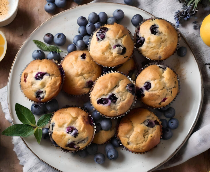 WhenRyanCooks - Blueberry Bliss Muffins. A rustic kitchen scene featuring Lavender-Infused Blueberry Muffins with Demerara Sugar Topping on a vintage platter, showcasing golden-brown crowns studded with fresh blueberries, dried culinary lavender, and lemon zest, inviting a delightful journey through unexpected flavors.