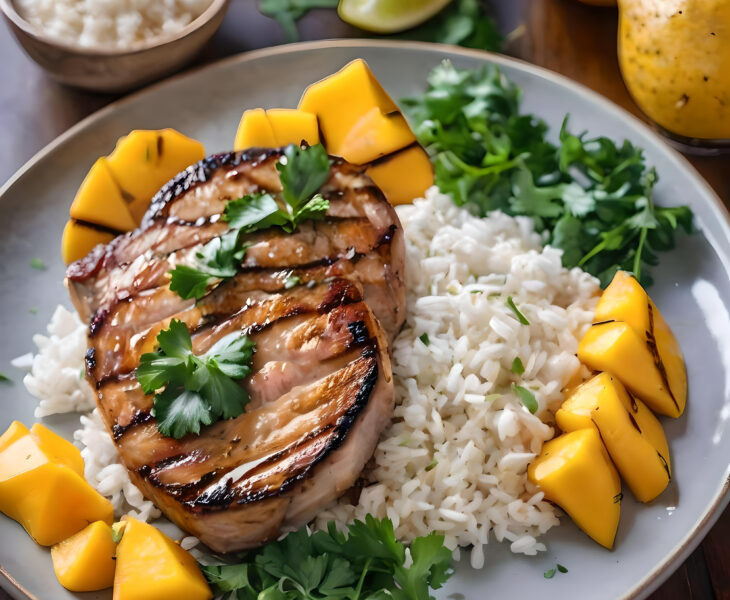 Grilled pork loin chops with a sticky mango glaze served with fluffy coconut rice, garnished with fresh cilantro and lime wedges.