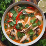WhenRyanCooks - Authentic chicken Tom Yum soup, a Thai hot and sour soup with lemongrass, kaffir lime leaves, galangal, and chicken, garnished with fresh cilantro leaves.