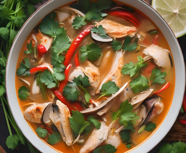 WhenRyanCooks - Authentic chicken Tom Yum soup, a Thai hot and sour soup with lemongrass, kaffir lime leaves, galangal, and chicken, garnished with fresh cilantro leaves.