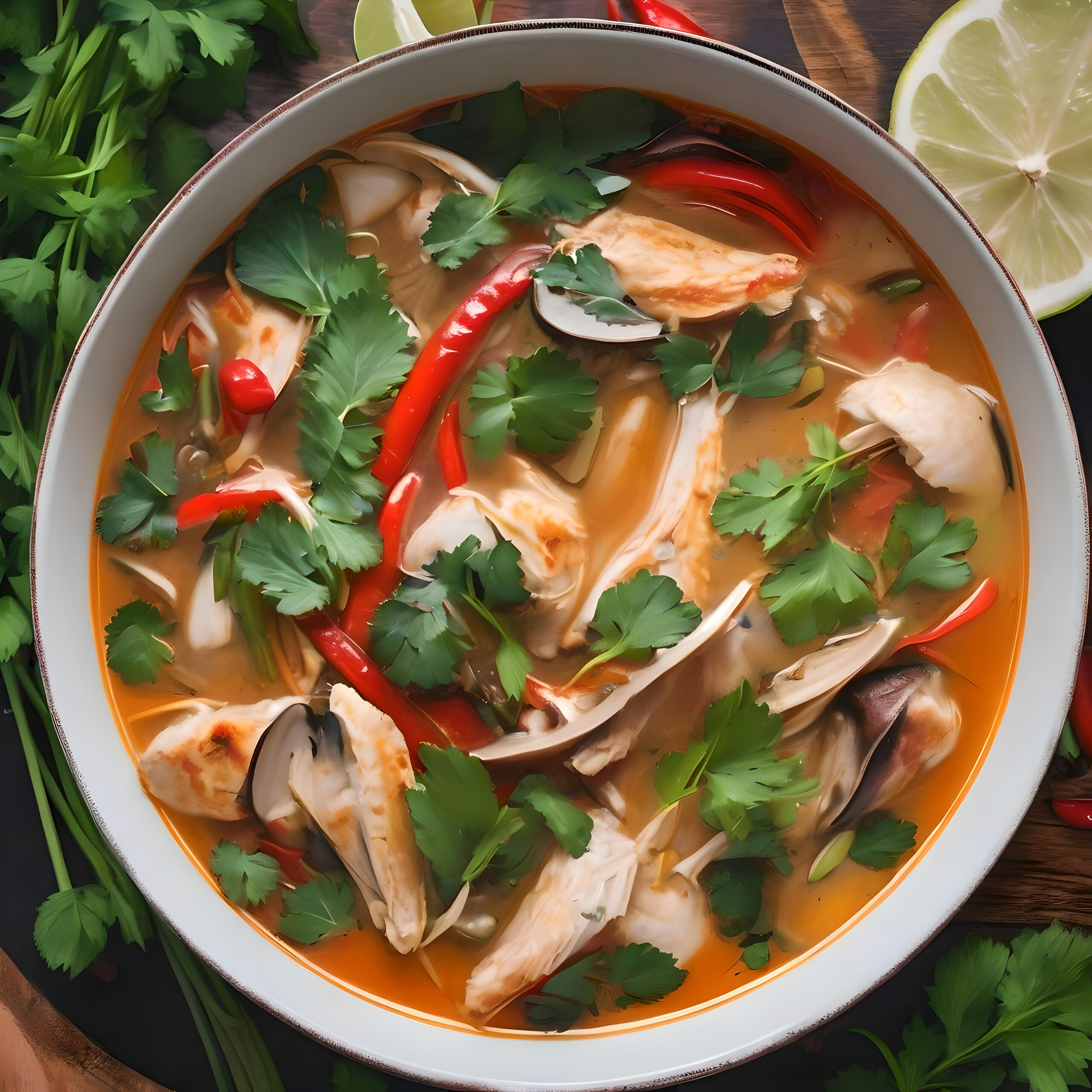 WhenRyanCooks - Authentic chicken Tom Yum soup, a Thai hot and sour soup with lemongrass, kaffir lime leaves, galangal, and chicken, garnished with fresh cilantro leaves.